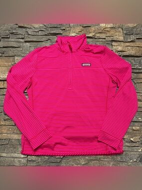 Vineyard Vines Performance Shep Shirt Womens Large Pink Striped 1/4 Zip Sweater